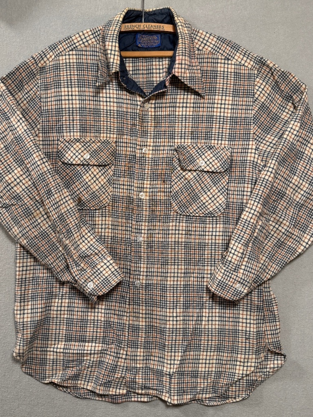 Vintage 70s Pendleton Wool Board Shirt Plaid Blue Brown Surf  Made in USA Men XL